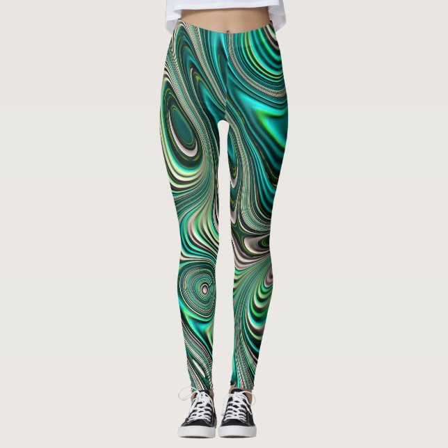 Teal Paua Abalone Shell Fractal Abstract Pattern Leggings (Front)