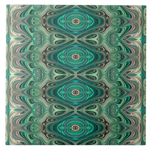 Teal Paua Art Nouveau Fractal Pattern Ceramic Tile