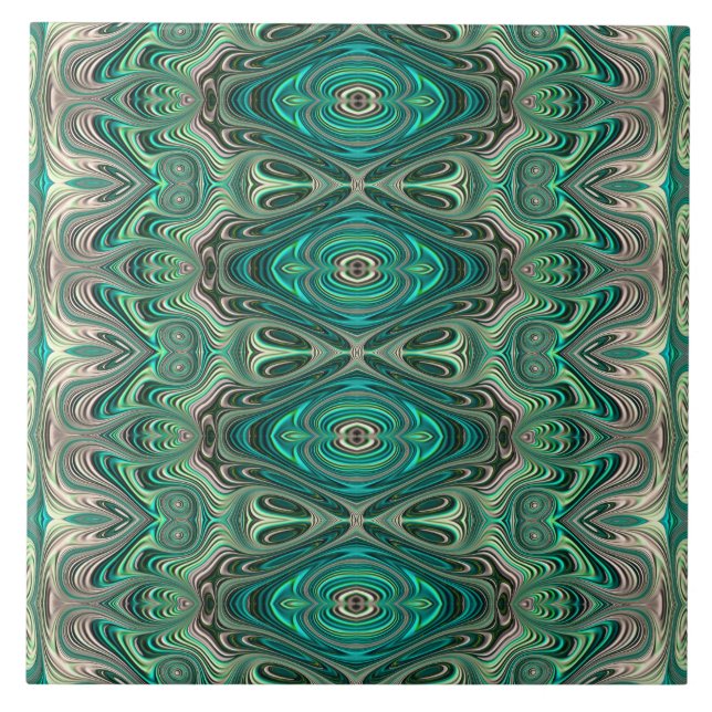 Teal Paua Art Nouveau Fractal Pattern Ceramic Tile (Front)