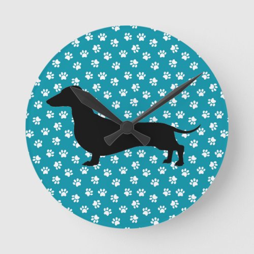 Teal Paw Print Dachshund Silhouette Wall Clock