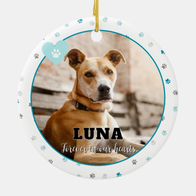 Teal Paw Print Dog Photo Pet Memorial Ornament (Back)
