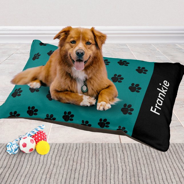 Teal Paw Print Pattern Custom Name Dog Pet Bed (A stylish dog bed in teal with black paw prints pattern, personalized with your pet's name)