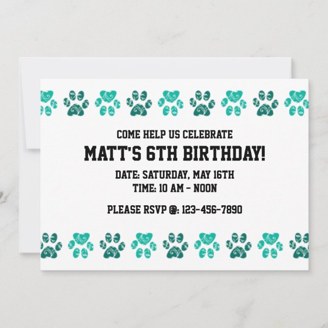 Teal Paw Print Pattern in Teal - Birthday Invitation (Front)