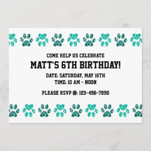 Teal Paw Print Pattern in Teal - Birthday Invitation