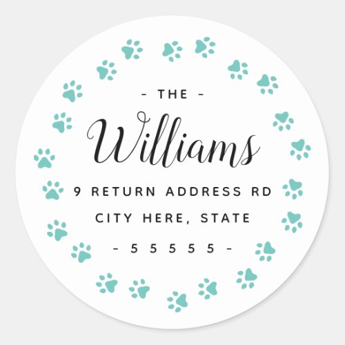 Teal paw prints return address labels