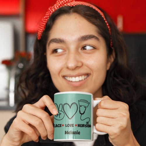 Teal Peace Love Nursing Appreciation Coffee Mug