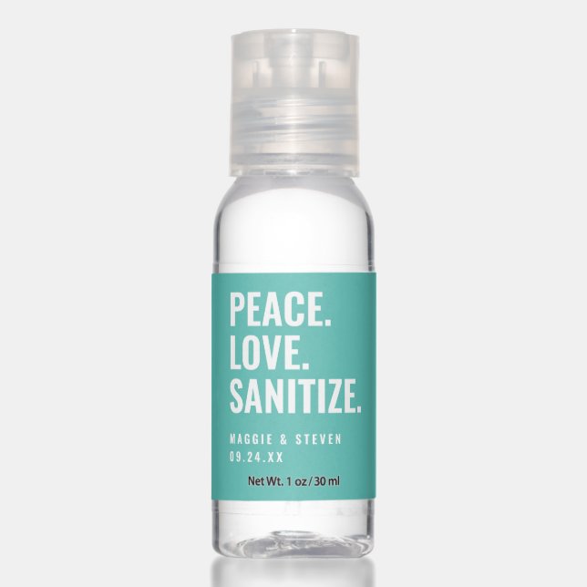 Teal Peace Love Sanitize Wedding Favor Hand Sanitizer (Front)