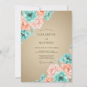 Teal Peach Artistic Bloom Wedding Invitation