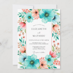 Teal Peach Bloom Romance Wedding Invitation