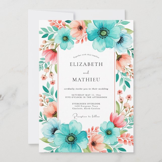 Teal Peach Bloom Romance Wedding Invitation (Front)