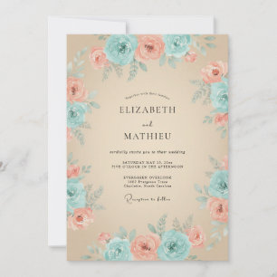 Teal Peach Blooming Flourish Wedding Invitation