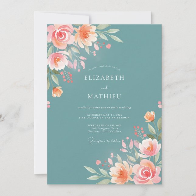 Teal Peach Blossom Flourish Wedding Invitation (Front)