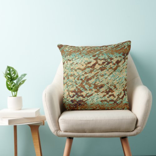 Teal Peach Brown Mottled Ink Stain Angled Texture Throw Pillow