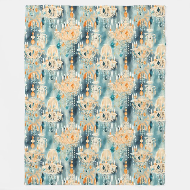 Teal Peach Chandeliers Fleece Blanket (Front)