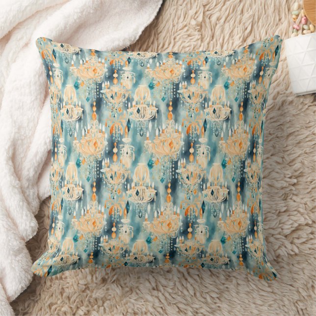 Teal Peach Chandeliers Throw Pillow (Blanket)