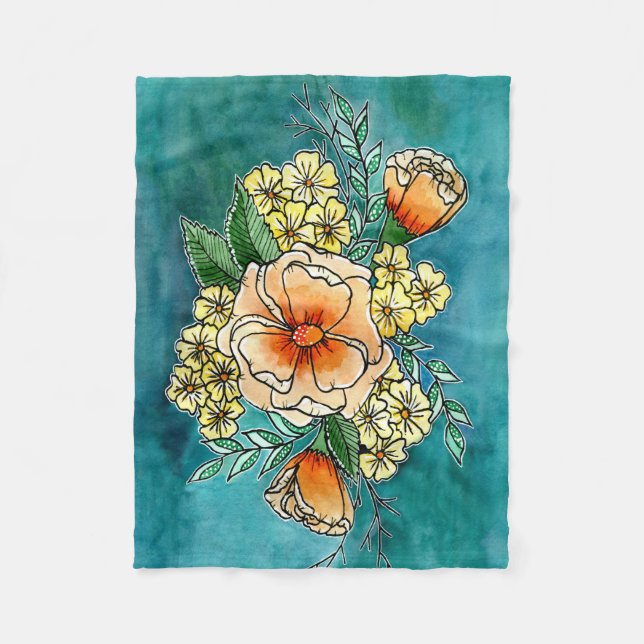 Teal & Peach Floral Fleece Blanket (Front)