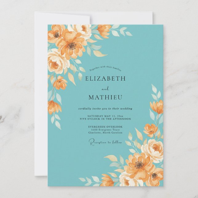 Teal Peach Floral Flourish Wedding Invitation (Front)