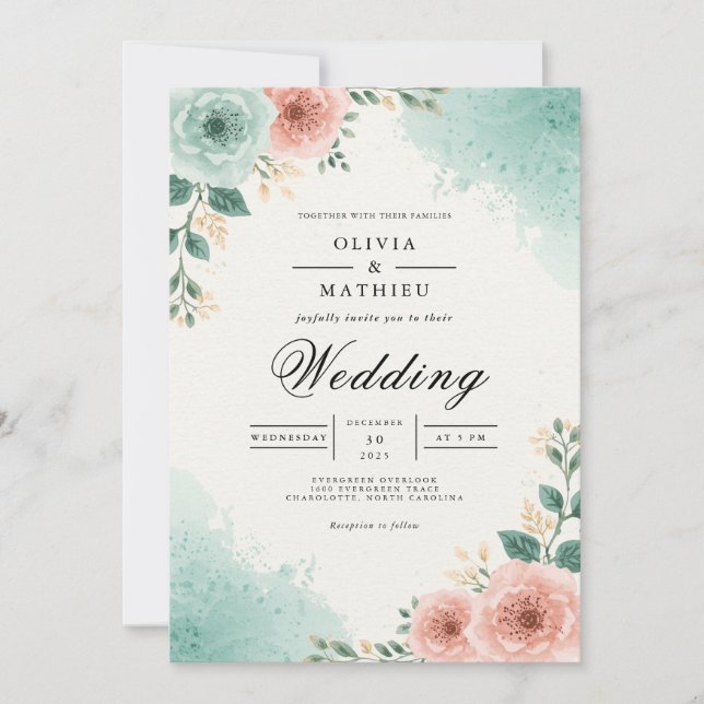 Teal Peach Floral Watercolor Wedding Invitation (Front)