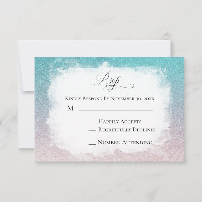 *~* Teal Peach Glitter Beach AR4 Wedding RSVP Card (Front)
