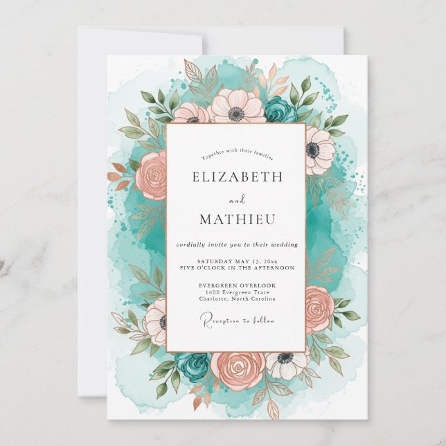 Teal Peach Graceful Coastal Wedding Invitation (Front)