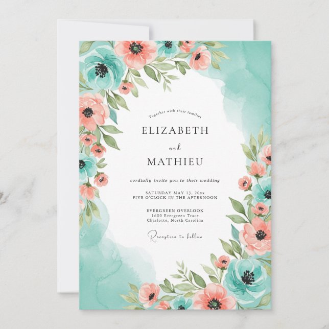 Teal Peach Heavenly Spring Wedding Invitation (Front)