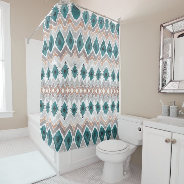Teal Peach Pale Gray Chevron Diamond Pattern Shower Curtain (In Situ)