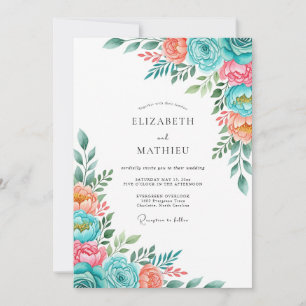 Teal Peach Romantic Bloom Wedding Invitation