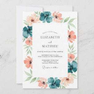 Teal Peach Romantic Floral Wedding Invitation