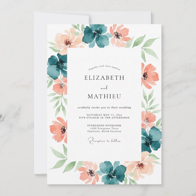 Teal Peach Romantic Floral Wedding Invitation (Front)