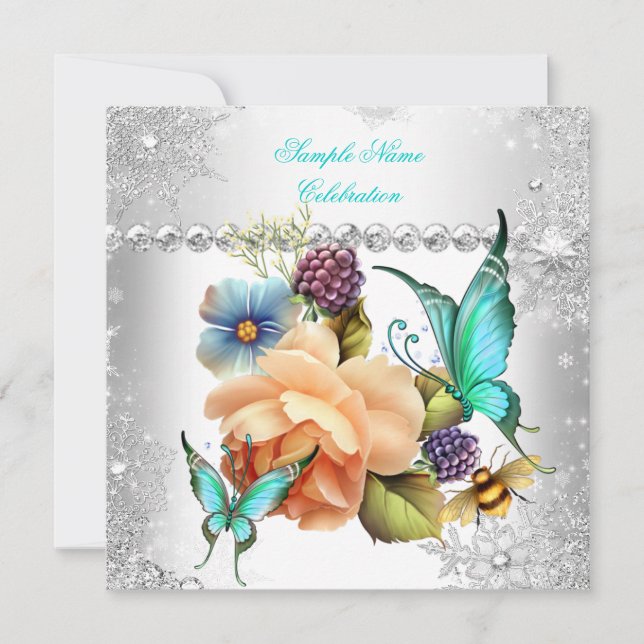 Teal Peach Rose Butterfly Silver White Celebration Invitation (Front)