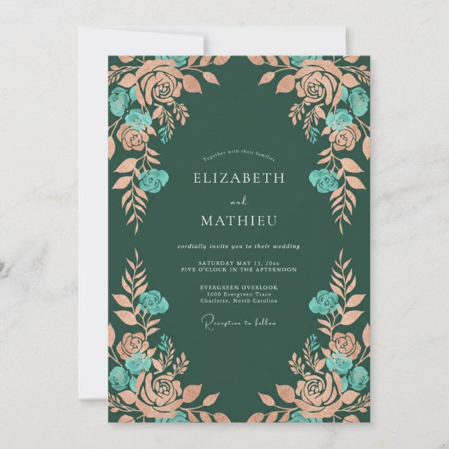 Teal Peach Rustic Floral Wedding Invitation (Front)