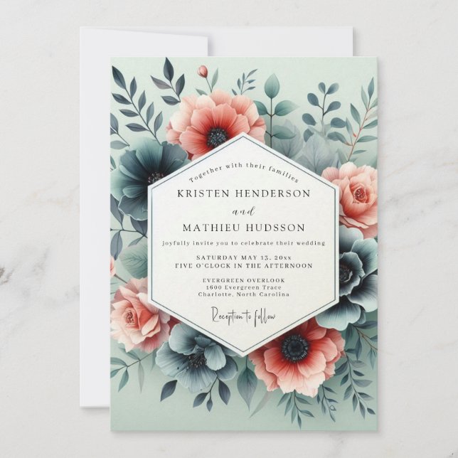 Teal Peach Somber Bloom Wedding Invitation (Front)