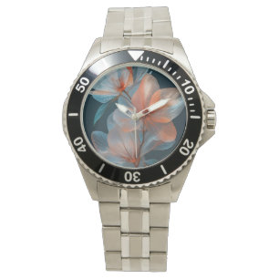 Teal & Peach Translucent Flower Metal Sport Watch 