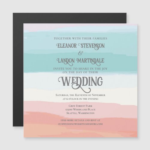 Teal Peach Watercolor Sunset Outdoor Wedding Magnetic Invitation