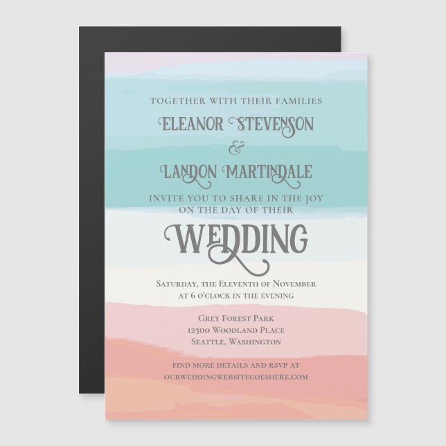 Teal Peach Watercolor Sunset Outdoor Wedding Magnetic Invitation (Front/Back)
