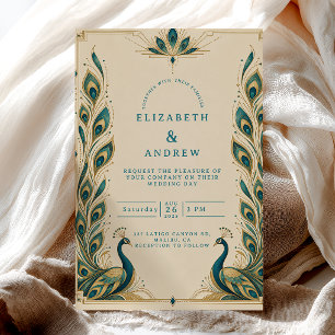 Teal Peacock Art Deco Wedding Invitation