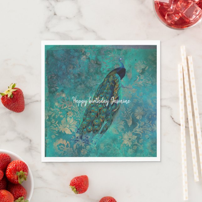 Teal Peacock Birthday Napkins (Insitu)