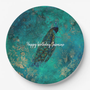 Teal Peacock Birthday Paper Plates