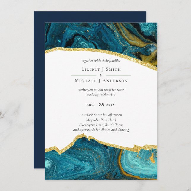 Teal Peacock Blue Gold Agate Wedding (Front/Back)