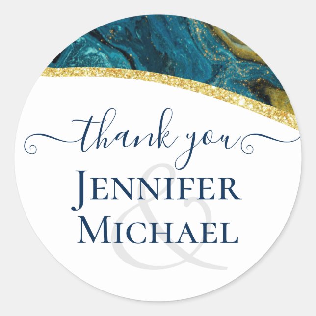 Teal Peacock Blue Gold Agate Wedding Classic Round Sticker (Front)