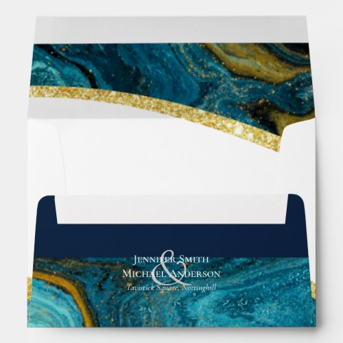 Teal Peacock Blue Gold Agate Wedding Envelope
