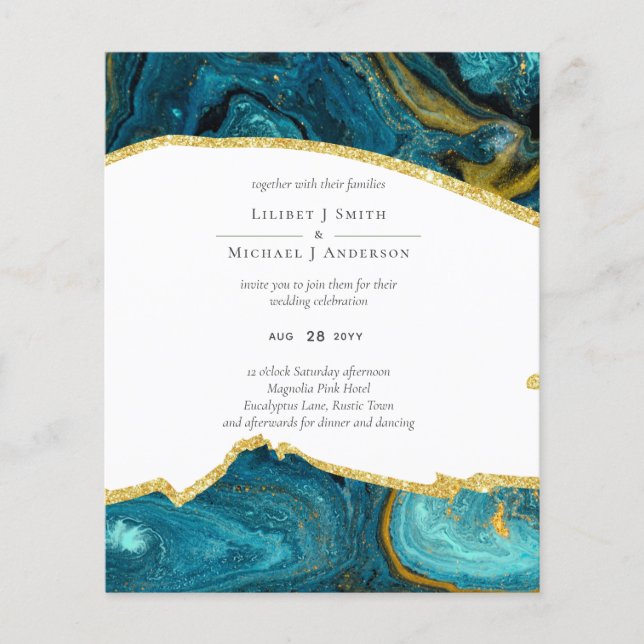 Teal Peacock Blue Gold Agate Wedding Flyer (Front)