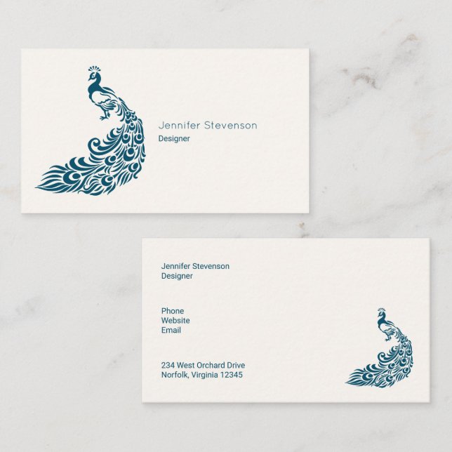 Teal Peacock Bold Stylish Art Deco Design Business Card (Front/Back)