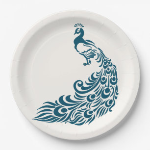 Teal Peacock Bold Stylish Art Deco Design Paper Plates
