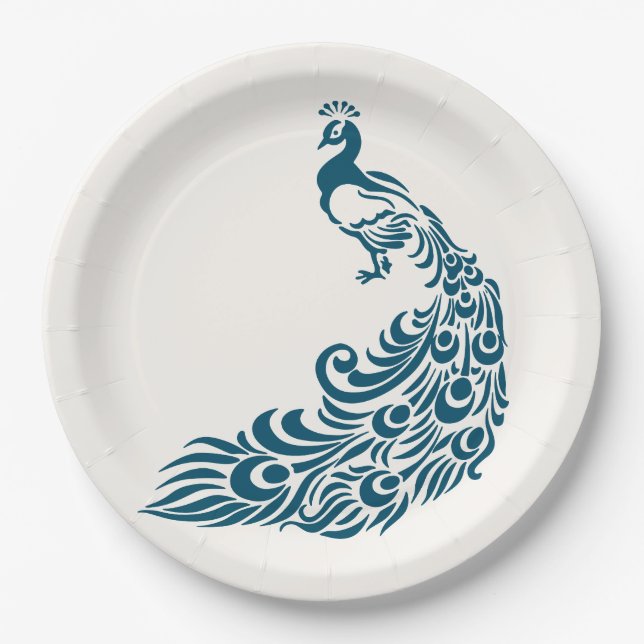 Teal Peacock Bold Stylish Art Deco Design Paper Plates (Front)