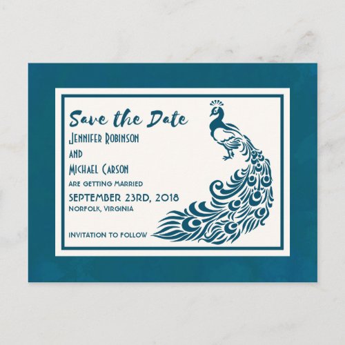 Teal Peacock Bold Stylish Art Deco Save The Date Announcement Postcard