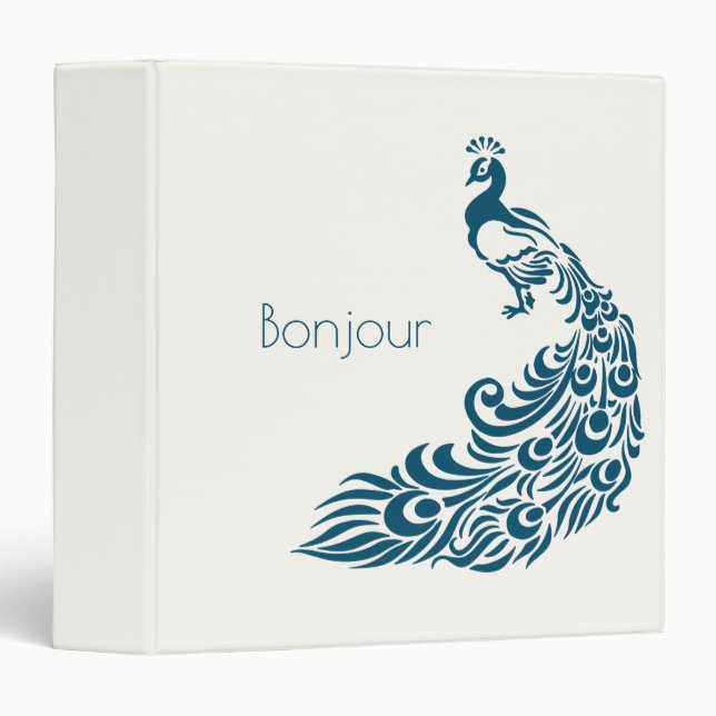 Teal Peacock Bonjour Fancy Stylish Art Deco Design 3 Ring Binder (Front/Spine)