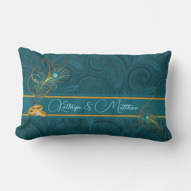 Teal Peacock Custom Wedding for Newlyweds Lumbar Pillow (Front)