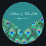 Teal Peacock Elegant Peacock Wedding Favor Label<br><div class="desc">Elegant emerald green,  royal blue and teal peacock feathers square wedding favor labels. Customize with your choice of font style and font color.</div>
