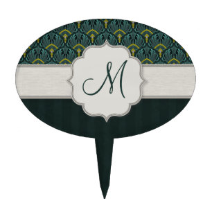 Teal Peacock Fans and Stripes with Monogram Cake Topper